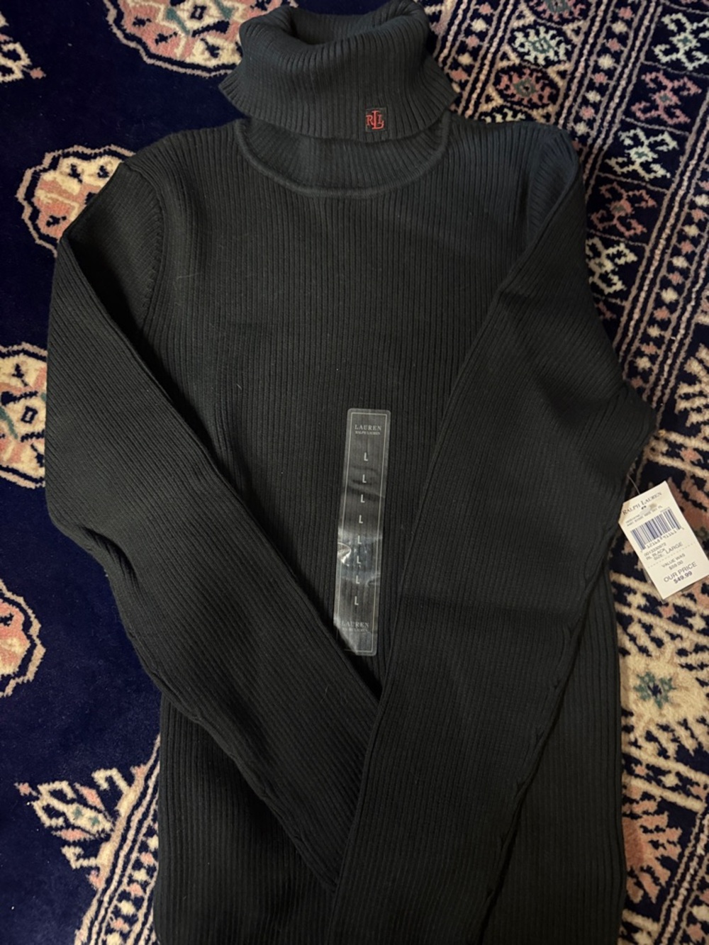 Lauren Ralph Lauren Black Ribbed Cowl Neck Sweater with Red RL Logo
